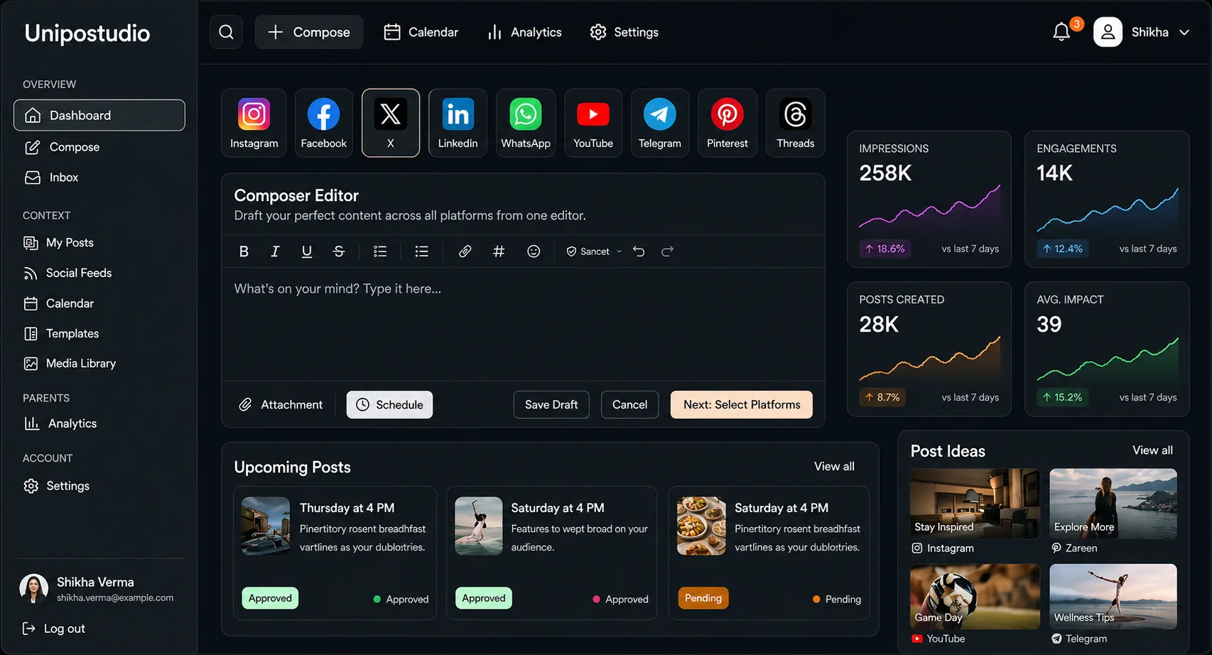 Unipostudio dashboard — composer with selectors for Instagram, Facebook, X, LinkedIn, WhatsApp, YouTube, Telegram, Pinterest and Zetpin, plus upcoming posts and analytics.