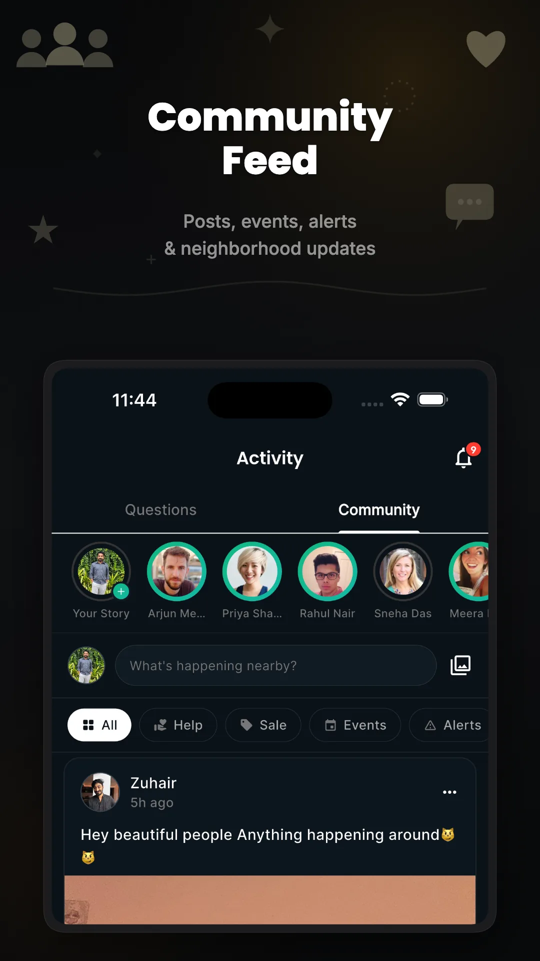 Zetpin app screenshot — Community feed showing posts, events, alerts and help requests from the neighborhood.