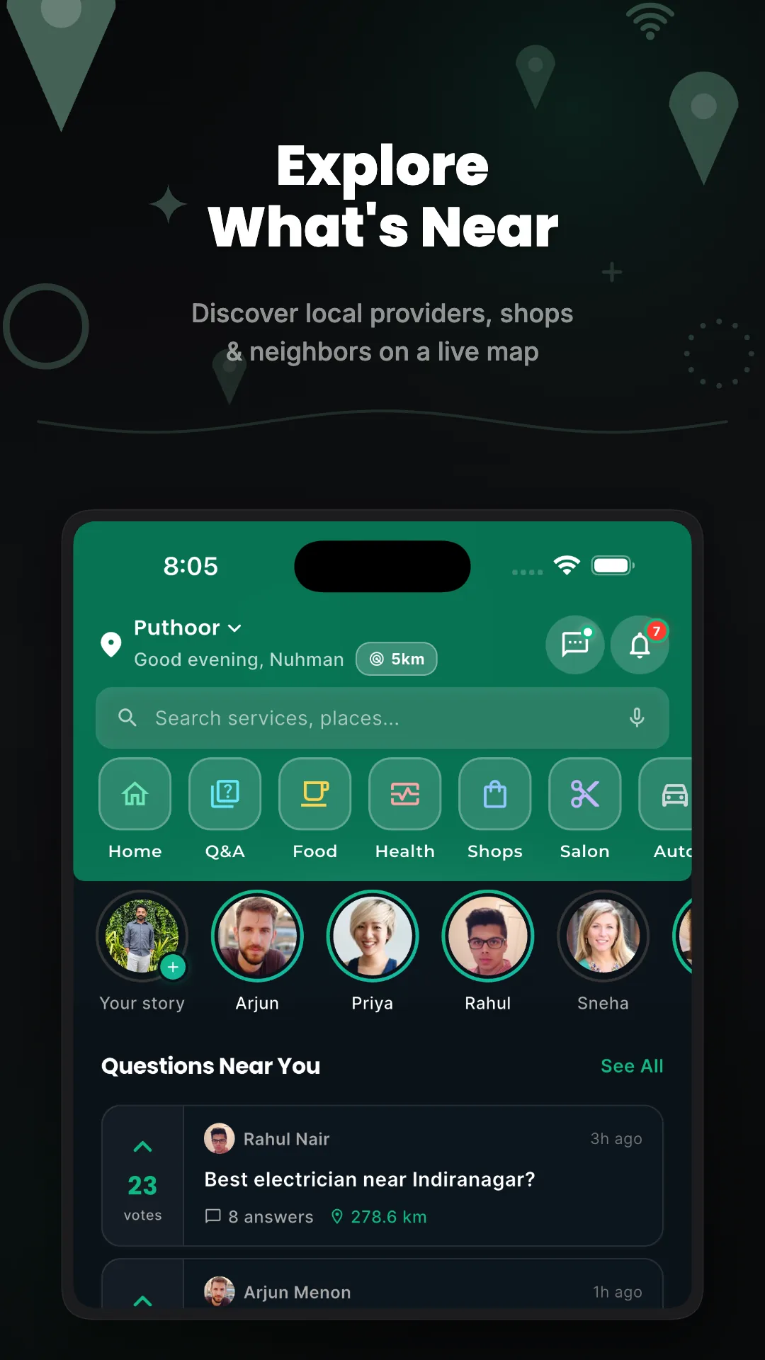 Zetpin app screenshot — Home tab showing services, neighborhood Q&A and live discovery in Kottakkal.