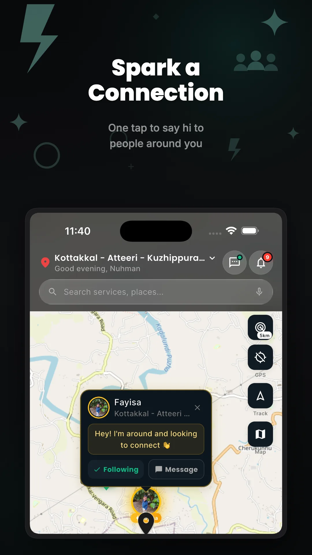 Zetpin app screenshot — Spark a Connection: live map showing nearby people with a consent-based connect card.